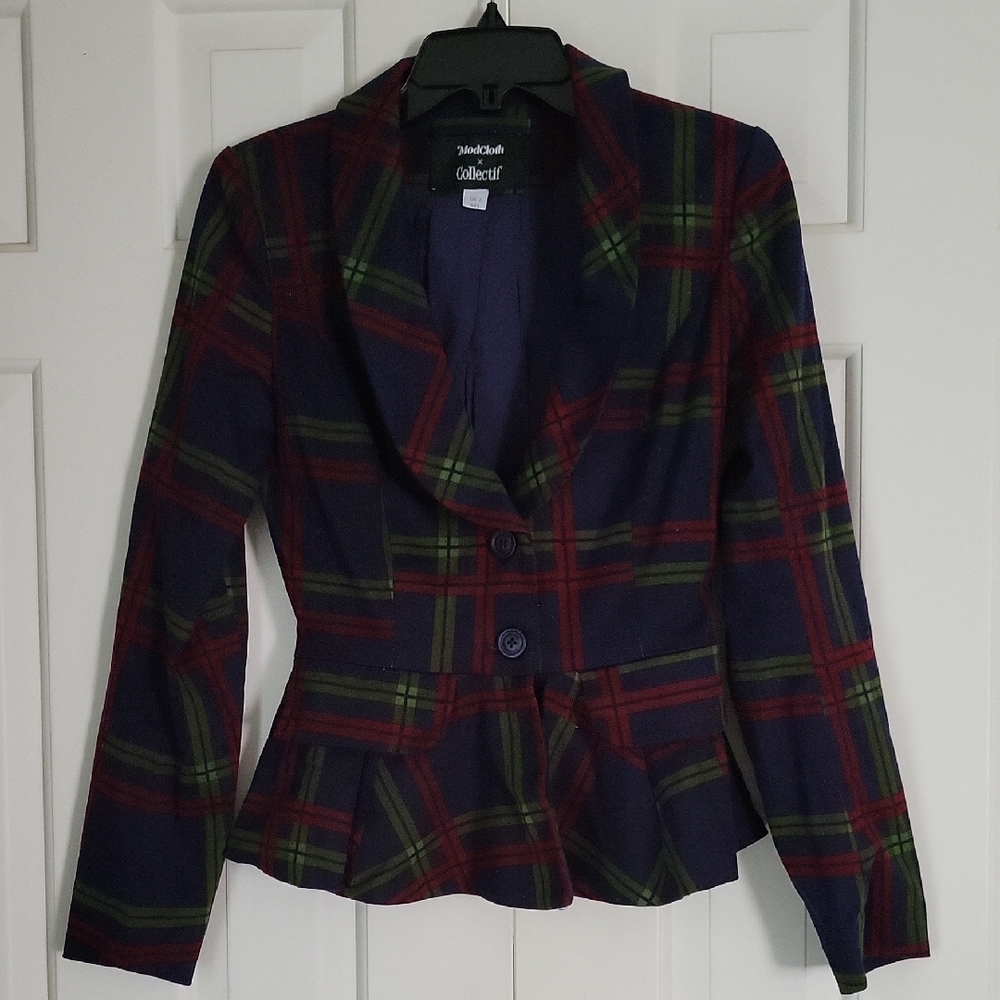 Modcloth X Collectif Tartan Plaid Peplum Blazer Sz Xxs Blue Green Red